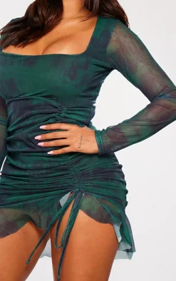 Shape Dark Green Mesh Long Sleeve Ruched Side Frill Hem Bodycon Dress