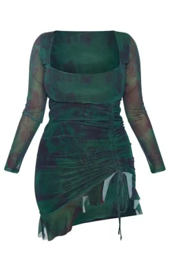 Shape Dark Green Mesh Long Sleeve Ruched Side Frill Hem Bodycon Dress