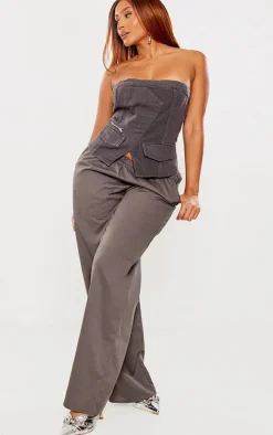 Shape Dark Grey Acid Wash Denim Zip Detail Bandeau Corset