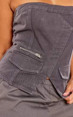 Shape Dark Grey Acid Wash Denim Zip Detail Bandeau Corset