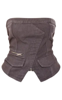Shape Dark Grey Acid Wash Denim Zip Detail Bandeau Corset