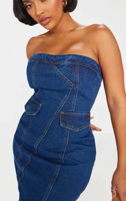 Shape Dark Indigo Denim Bandeau Cargo Bodycon Dress