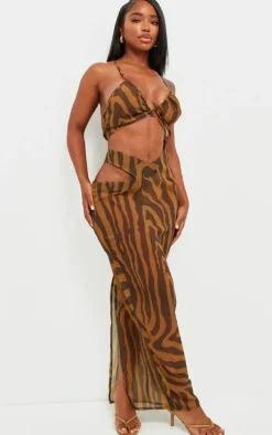 Shape Dark Khaki Abstract Zebra Chiffon Strappy Cut Out Maxi Dress