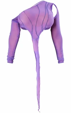 Shape Dark Purple Mesh Seam Detail One Shoulder Crop Top