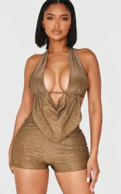 Shape Gold Glitter Lurex Halter Neck Cowl Neck Top