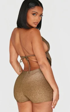 Shape Gold Glitter Lurex Halter Neck Cowl Neck Top