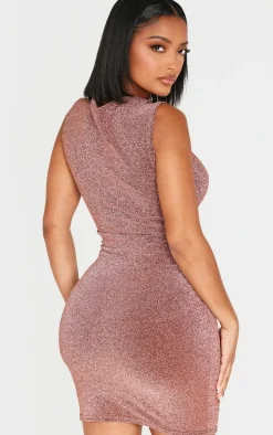 Shape Gold Glitter Lurex High Neck Ruched Side Mini Dress