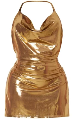 Shape Gold Metallic Halterneck Cowl Bodycon Dress