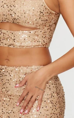 Shape Gold Sequin Cut Out Twist Front Top