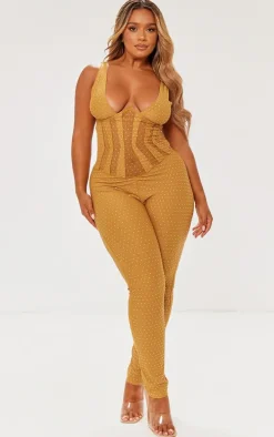 Shape Gold Sequin Mesh Panel Detail Underwire Jumpsuit