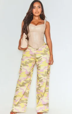 Shape Green Abstract Camo Print Pocket Detail Wide Leg Cargo Pants