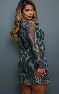 Shape Green Abstract Print Mesh Long Sleeve Ruched Side Frill Hem Bodycon Dress