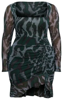 Shape Green Abstract Print Mesh Long Sleeve Ruched Side Frill Hem Bodycon Dress