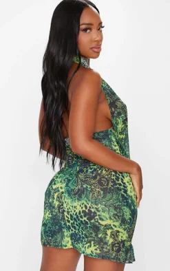 Shape Green Animal Printed Cowl Neck Frill Detail Bodycon Dress