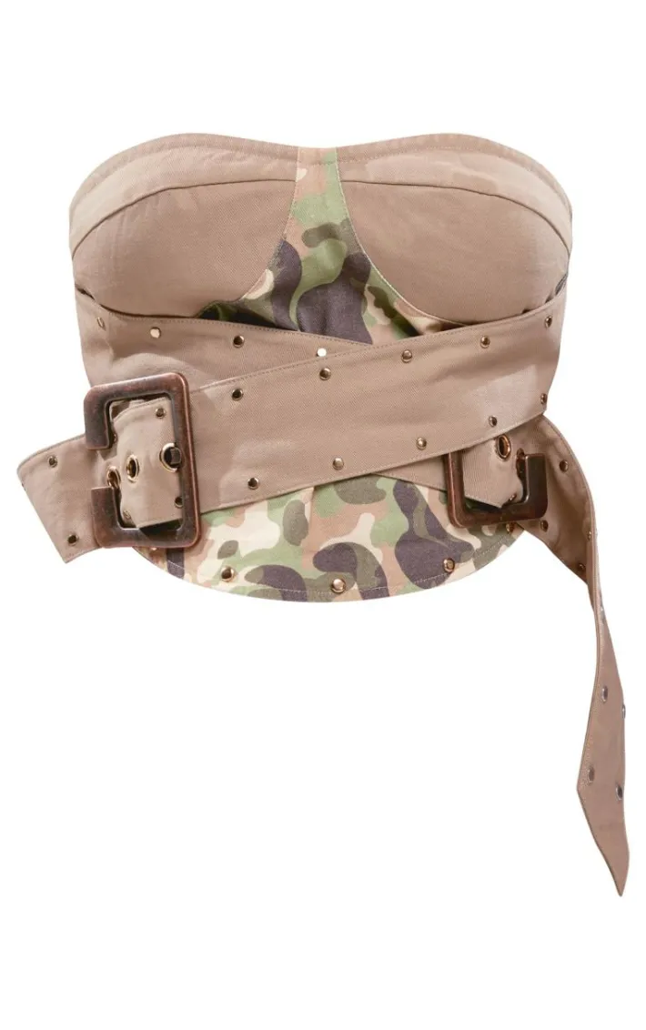 Shape Green Camo Print Belted Corset Crop Top