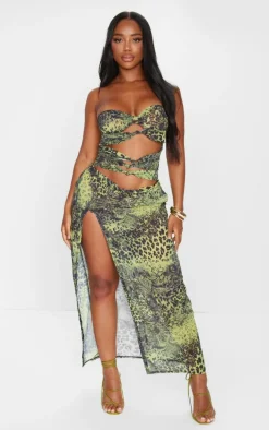 Shape Green Chiffon Leopard Printed Bandeau Cut Out Split Maxi Dress