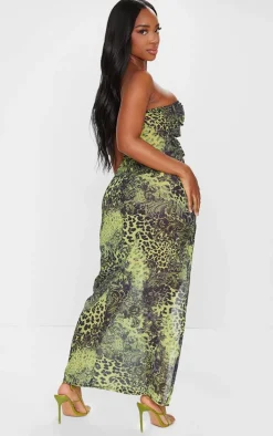 Shape Green Chiffon Leopard Printed Bandeau Cut Out Split Maxi Dress