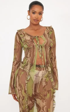 Shape Green Creased Denim Printed Mesh Tie Front Frill Edge Top