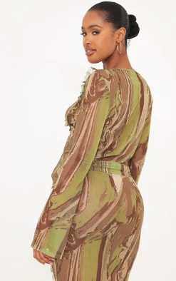 Shape Green Creased Denim Printed Mesh Tie Front Frill Edge Top