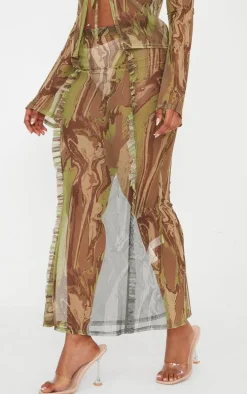 Shape Green Creased Denim Print Mesh Ruffle Detail Maxi Skirt