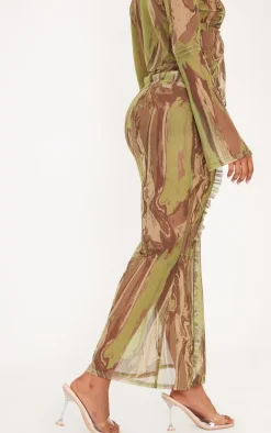 Shape Green Creased Denim Print Mesh Ruffle Detail Maxi Skirt