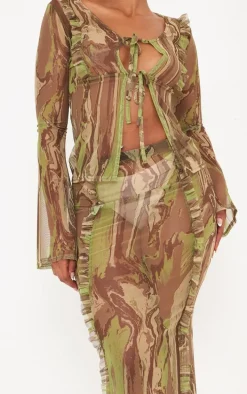 Shape Green Creased Denim Print Mesh Ruffle Detail Maxi Skirt