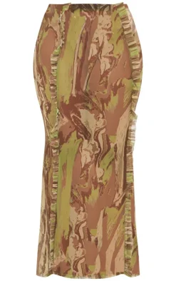Shape Green Creased Denim Print Mesh Ruffle Detail Maxi Skirt