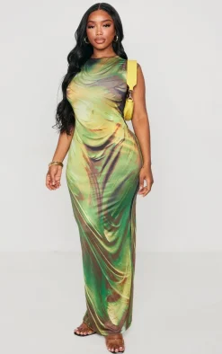 Shape Green Drape Statue Printed Racer Maxi Dress
