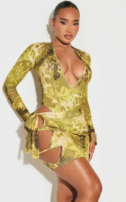 Shape Green Floral Animal Printed Slinky Cut Out Tie Detail Mini Skirt