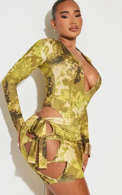 Shape Green Floral Animal Printed Slinky Cut Out Tie Detail Mini Skirt