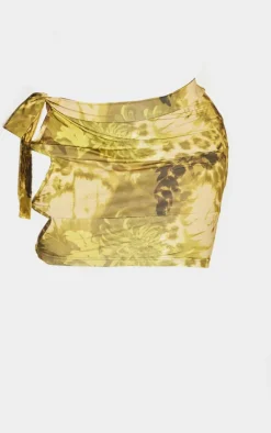 Shape Green Floral Animal Printed Slinky Cut Out Tie Detail Mini Skirt