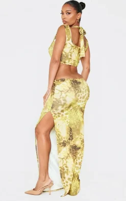 Shape Green Floral Animal Printed Slinky Cut Out Tie Detail Maxi Dress