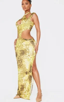 Shape Green Floral Animal Printed Slinky Cut Out Tie Detail Maxi Dress