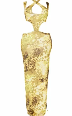 Shape Green Floral Animal Printed Slinky Cut Out Tie Detail Maxi Dress