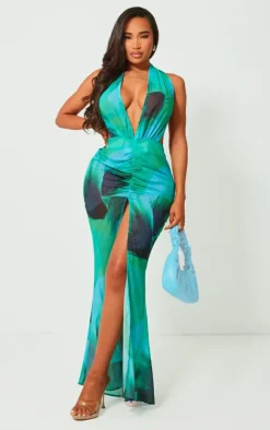 Shape Green Floral Printed Chiffon Drape Front Maxi Dress