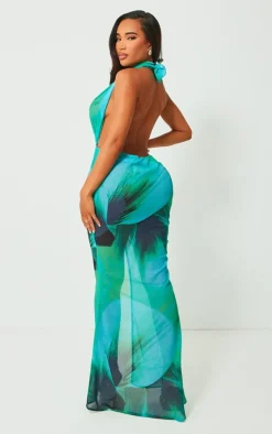 Shape Green Floral Printed Chiffon Drape Front Maxi Dress