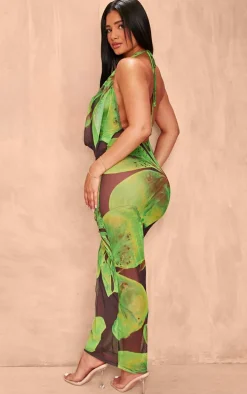 Shape Green Floral Printed Mesh Halterneck Cowl Maxi Dress