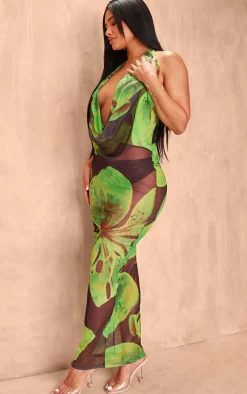 Shape Green Floral Printed Mesh Halterneck Cowl Maxi Dress