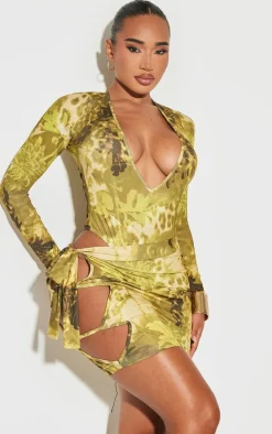 Shape Green Green Animal Printed Slinky Plunge Long Sleeve Bodysuit