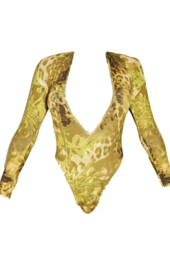 Shape Green Green Animal Printed Slinky Plunge Long Sleeve Bodysuit