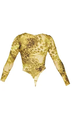 Shape Green Green Animal Printed Slinky Plunge Long Sleeve Bodysuit