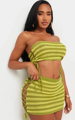 Shape Green Knit Contrast Lace Up Micro Mini Skirt
