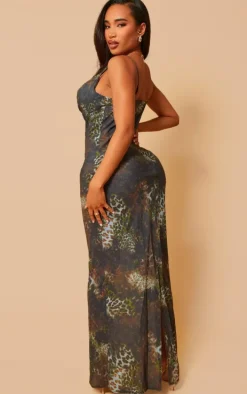 Shape Green Leopard Printed Woven Cowl Neck Maxi Dress