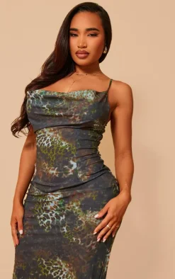 Shape Green Leopard Printed Woven Cowl Neck Maxi Dress