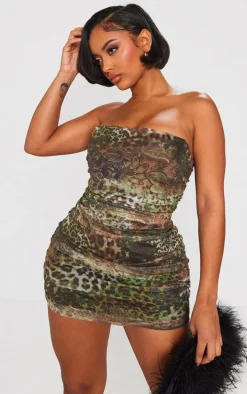 Shape Green Leopard Print Mesh Corset Detail Ruched Bodycon Dress
