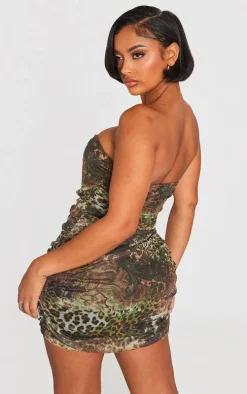 Shape Green Leopard Print Mesh Corset Detail Ruched Bodycon Dress