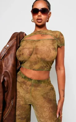 Shape Green Mesh Tie Dye Print Cut Out Front Crop Top