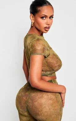 Shape Green Mesh Tie Dye Print Cut Out Front Crop Top