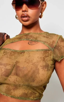 Shape Green Mesh Tie Dye Print Cut Out Front Crop Top