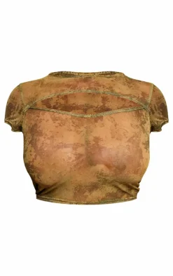 Shape Green Mesh Tie Dye Print Cut Out Front Crop Top